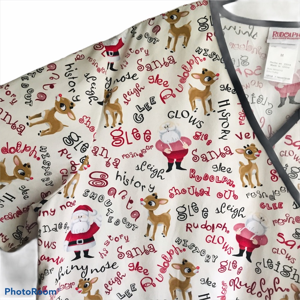 Rudolph Red Nose Reindeer And Santa Scrub Top Size Medium